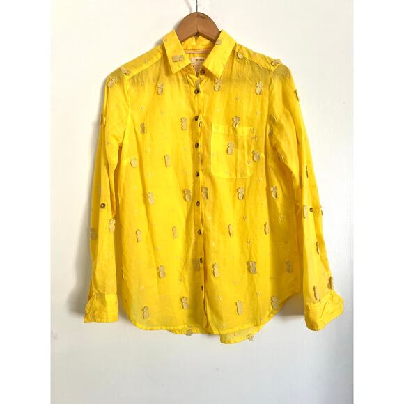 Anthropologie Maeve Pineapple Buttondown Women's Blouse Top 2 Yellow Embroidered - Picture 5 of 7
